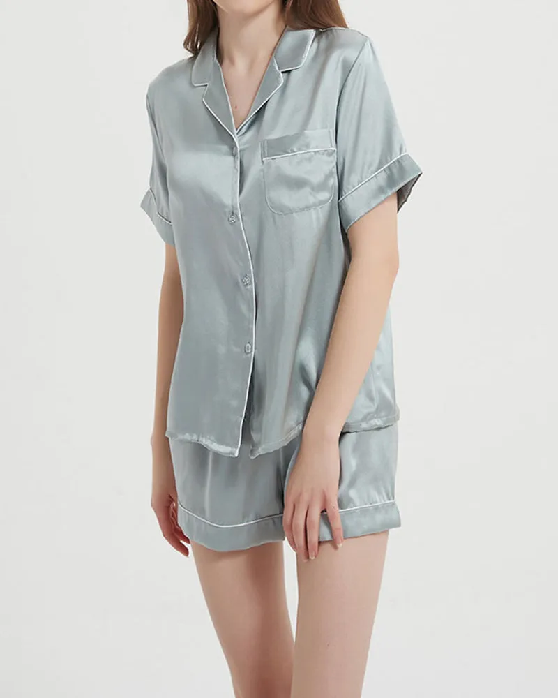 100% Washable Silk Piping Pajama Shorts Set