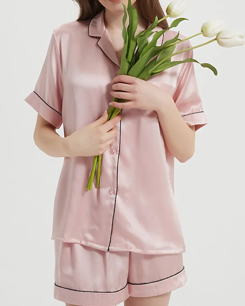 100% Washable Silk Piping Pajama Shorts Set