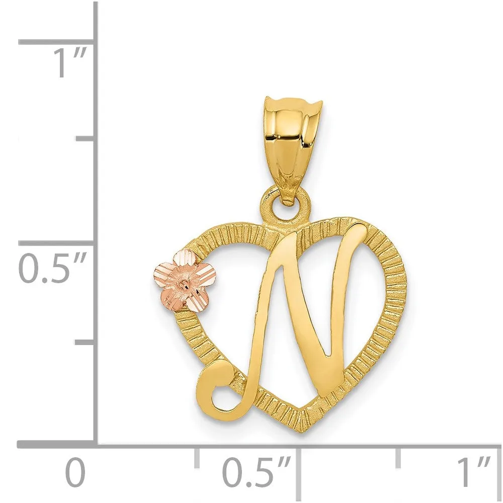 14k Two-Tone Heart Letter N Initial Pendant