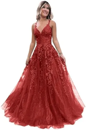 2025 Long Blue Lace Prom Dresses V Neck Formal Evening Dresses Open Back