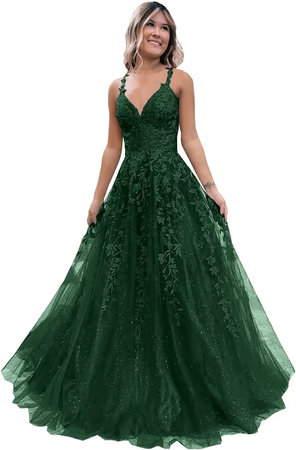 2025 Long Blue Lace Prom Dresses V Neck Formal Evening Dresses Open Back
