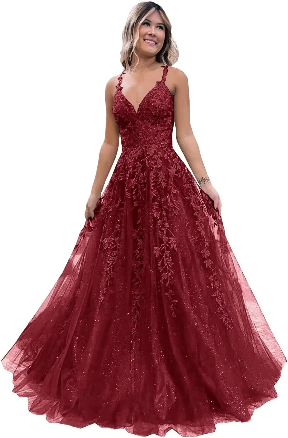 2025 Long Blue Lace Prom Dresses V Neck Formal Evening Dresses Open Back