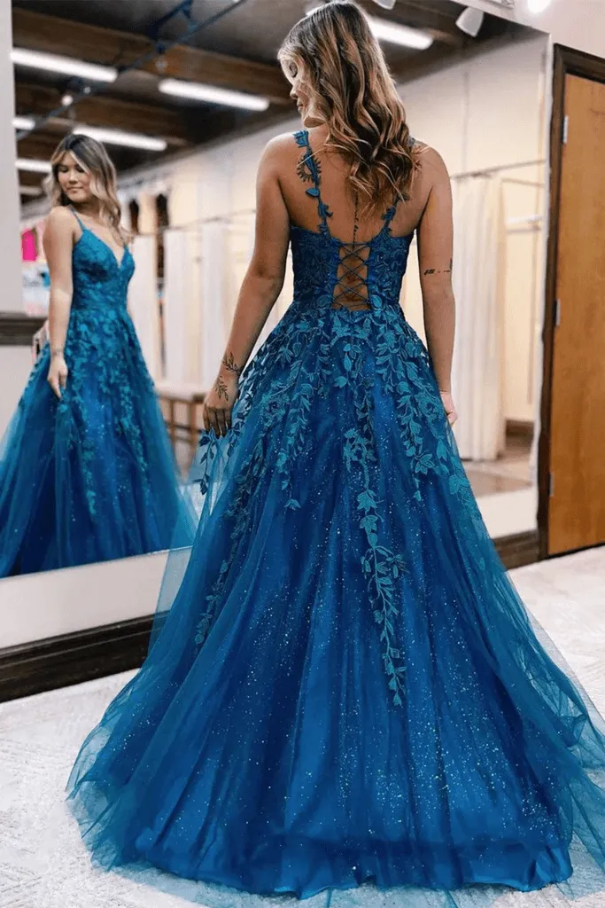 2025 Long Blue Lace Prom Dresses V Neck Formal Evening Dresses Open Back