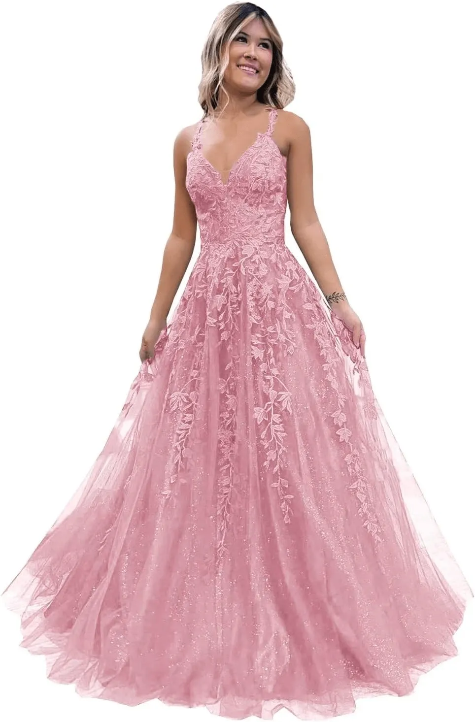 2025 Long Blue Lace Prom Dresses V Neck Formal Evening Dresses Open Back