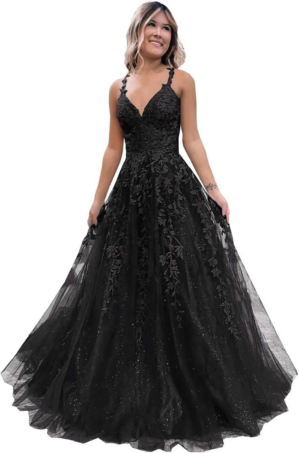 2025 Long Blue Lace Prom Dresses V Neck Formal Evening Dresses Open Back