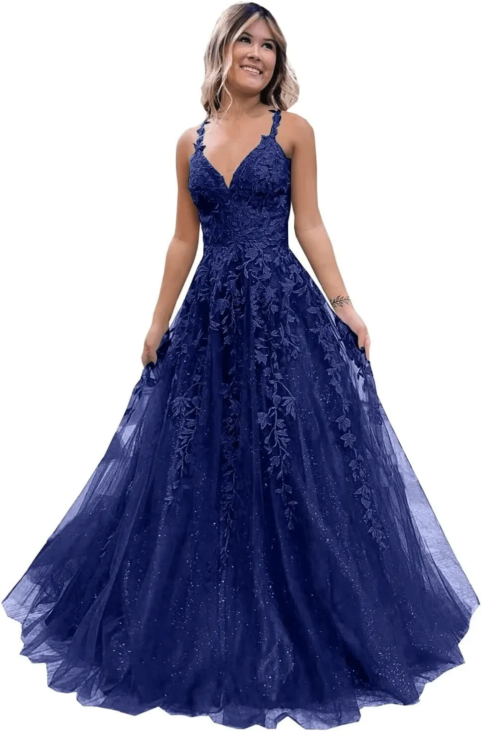2025 Long Blue Lace Prom Dresses V Neck Formal Evening Dresses Open Back