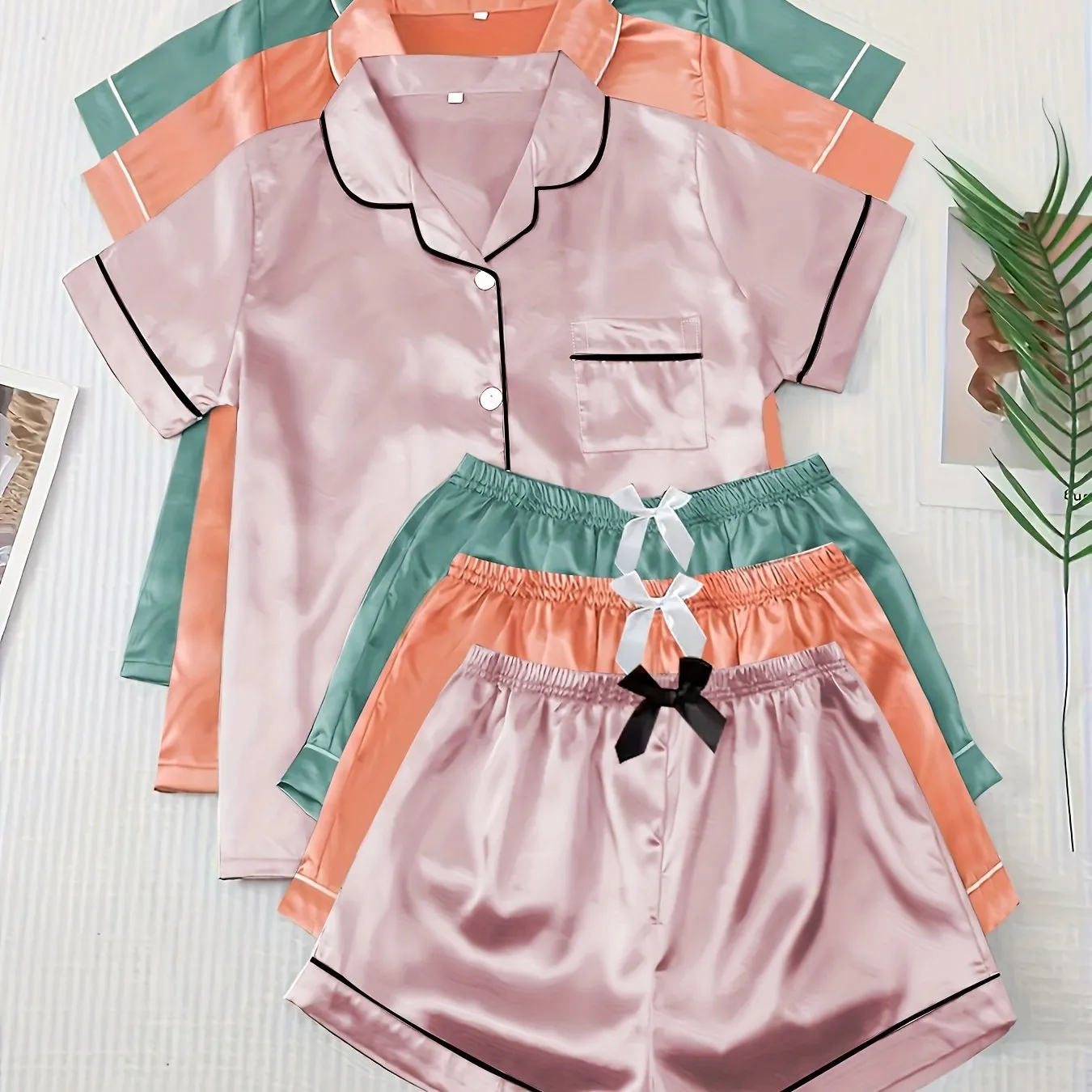 3 Sets Satin Pajamas Set, Short Sleeve Lapel Buttons Top & Bow Shorts, Women's Sleepwear & Loungewear