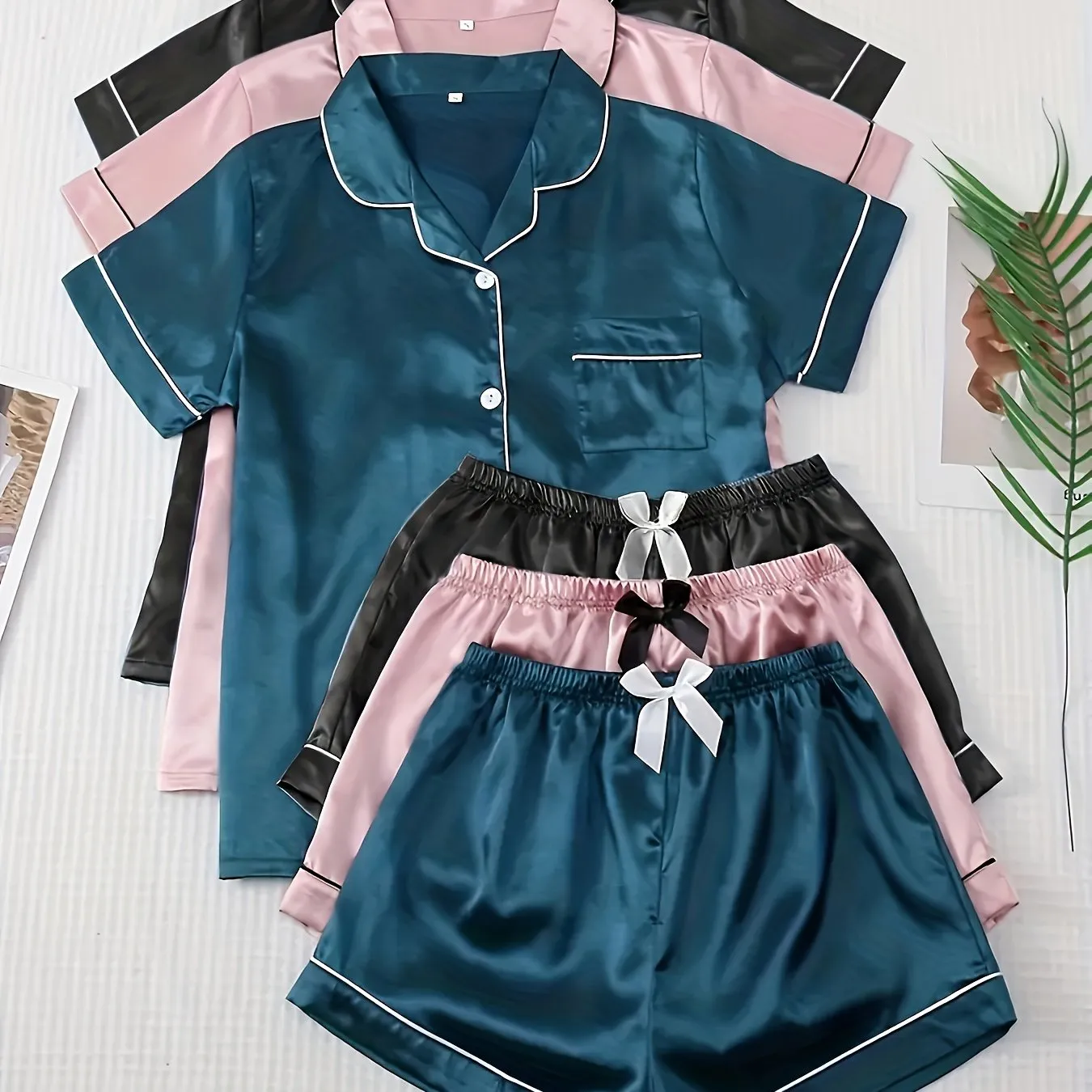 3 Sets Satin Pajamas Set, Short Sleeve Lapel Buttons Top & Bow Shorts, Women's Sleepwear & Loungewear