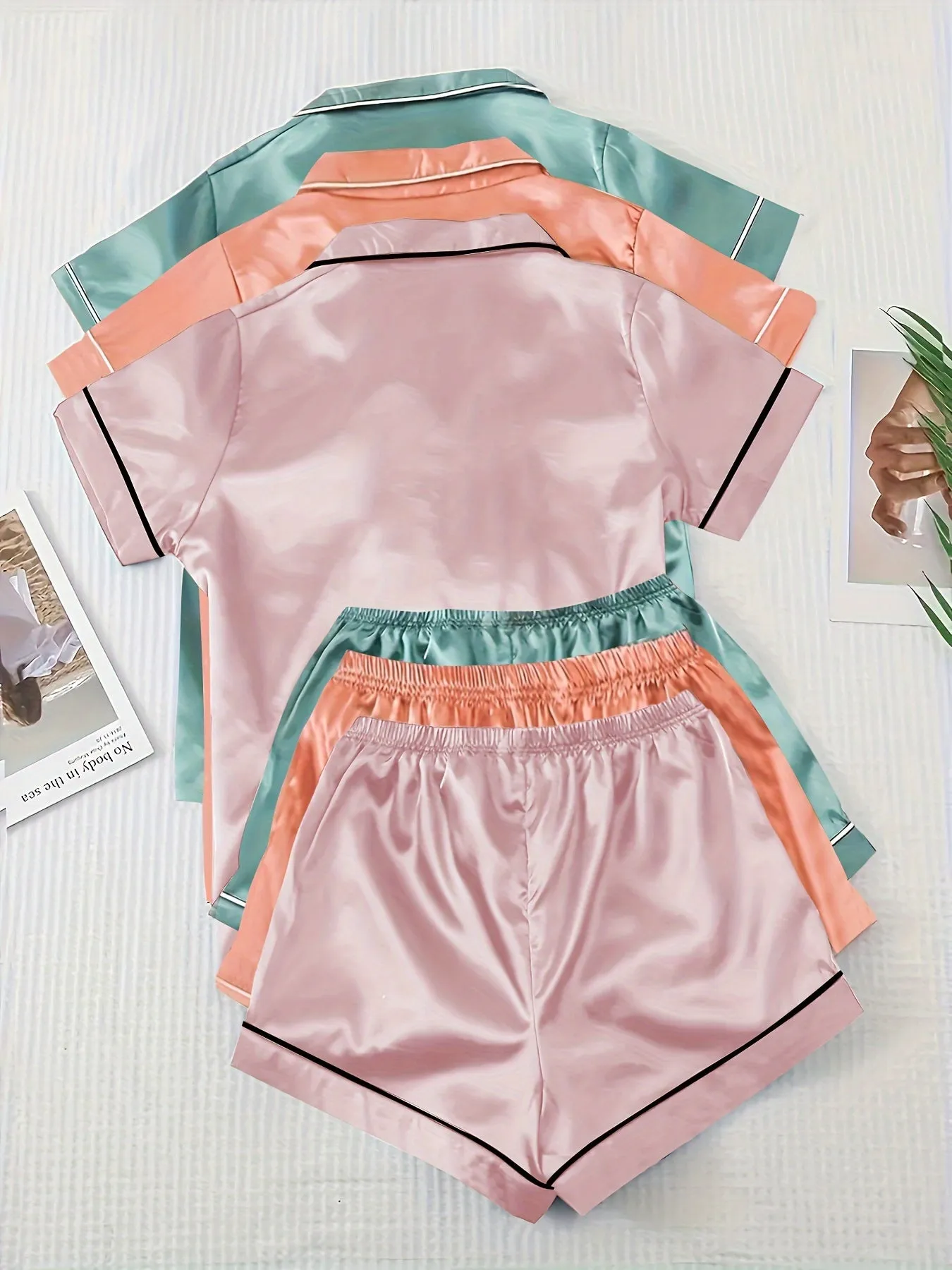3 Sets Satin Pajamas Set, Short Sleeve Lapel Buttons Top & Bow Shorts, Women's Sleepwear & Loungewear
