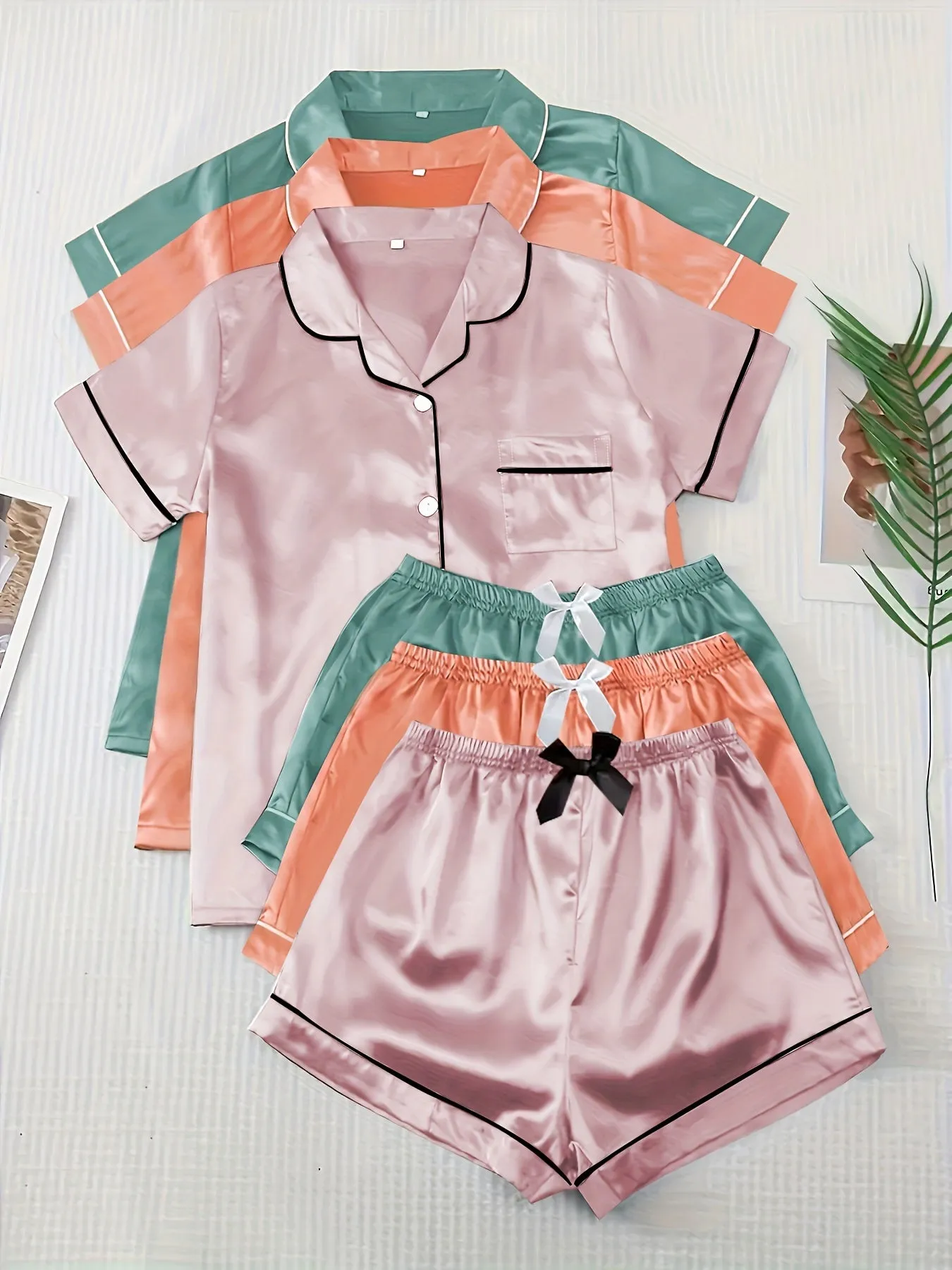 3 Sets Satin Pajamas Set, Short Sleeve Lapel Buttons Top & Bow Shorts, Women's Sleepwear & Loungewear