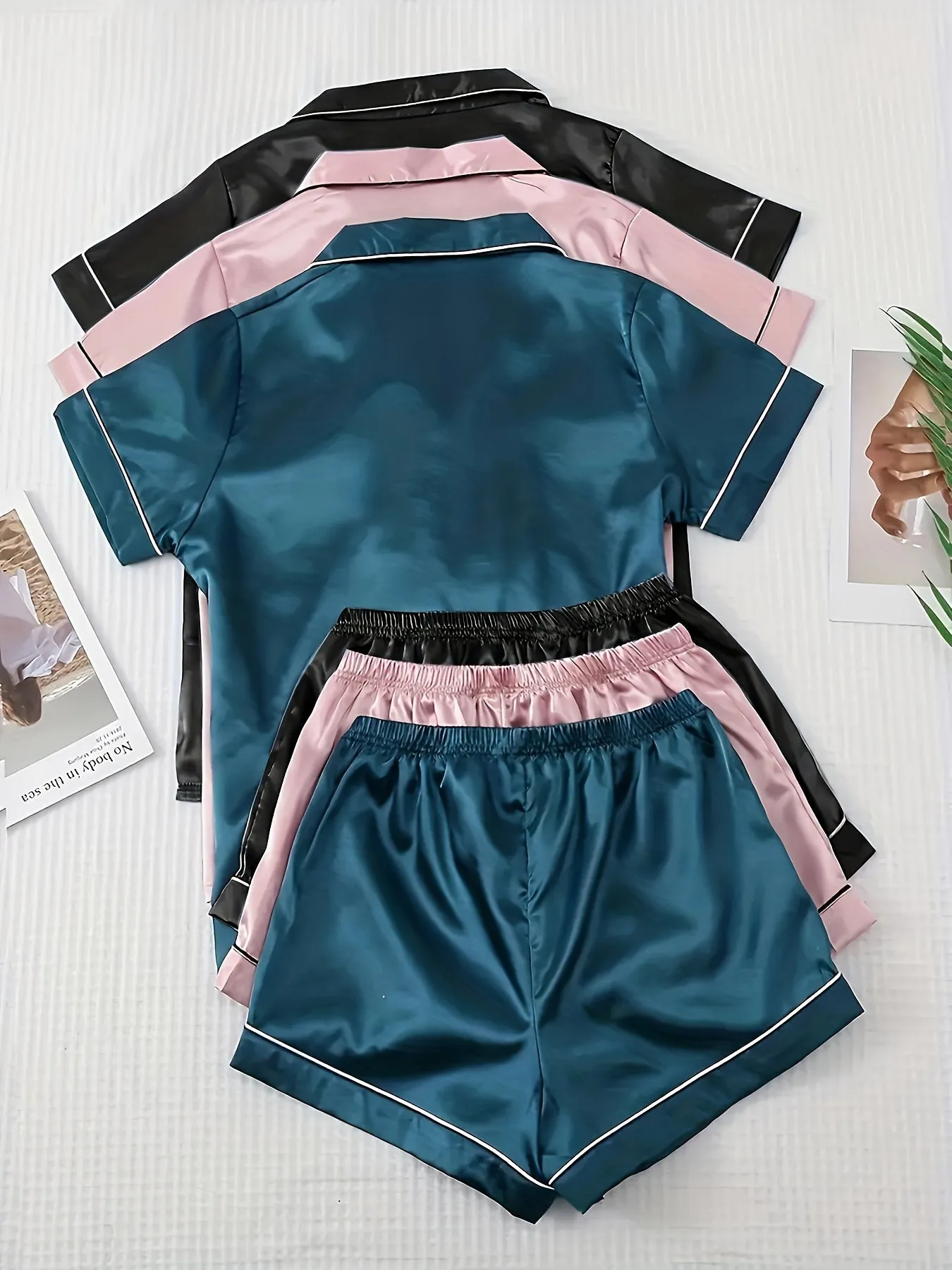 3 Sets Satin Pajamas Set, Short Sleeve Lapel Buttons Top & Bow Shorts, Women's Sleepwear & Loungewear