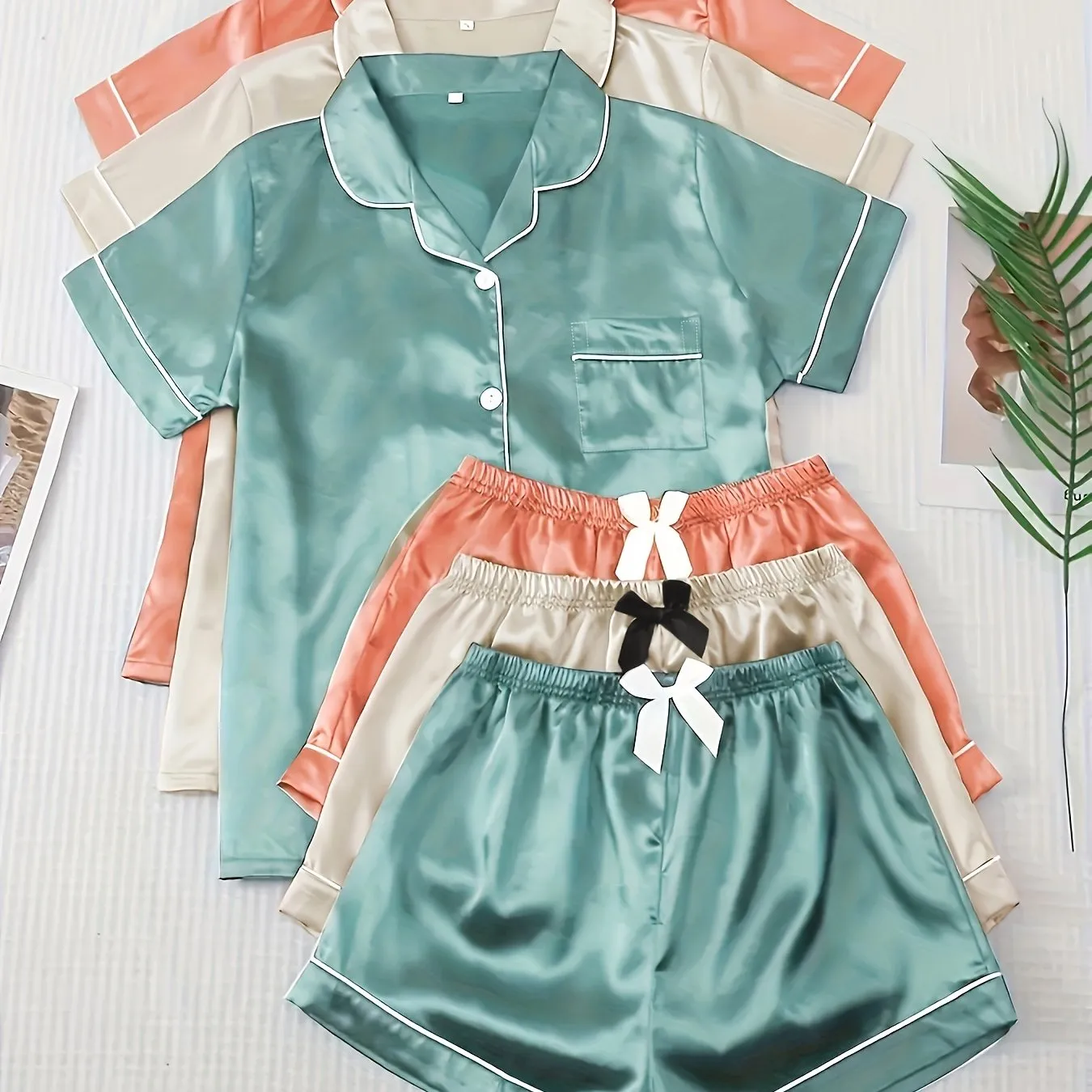 3 Sets Satin Pajamas Set, Short Sleeve Lapel Buttons Top & Bow Shorts, Women's Sleepwear & Loungewear