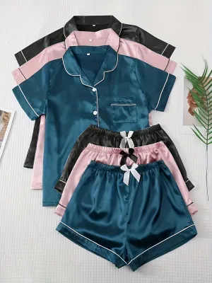 3 Sets Satin Pajamas Set, Short Sleeve Lapel Buttons Top & Bow Shorts, Women's Sleepwear & Loungewear