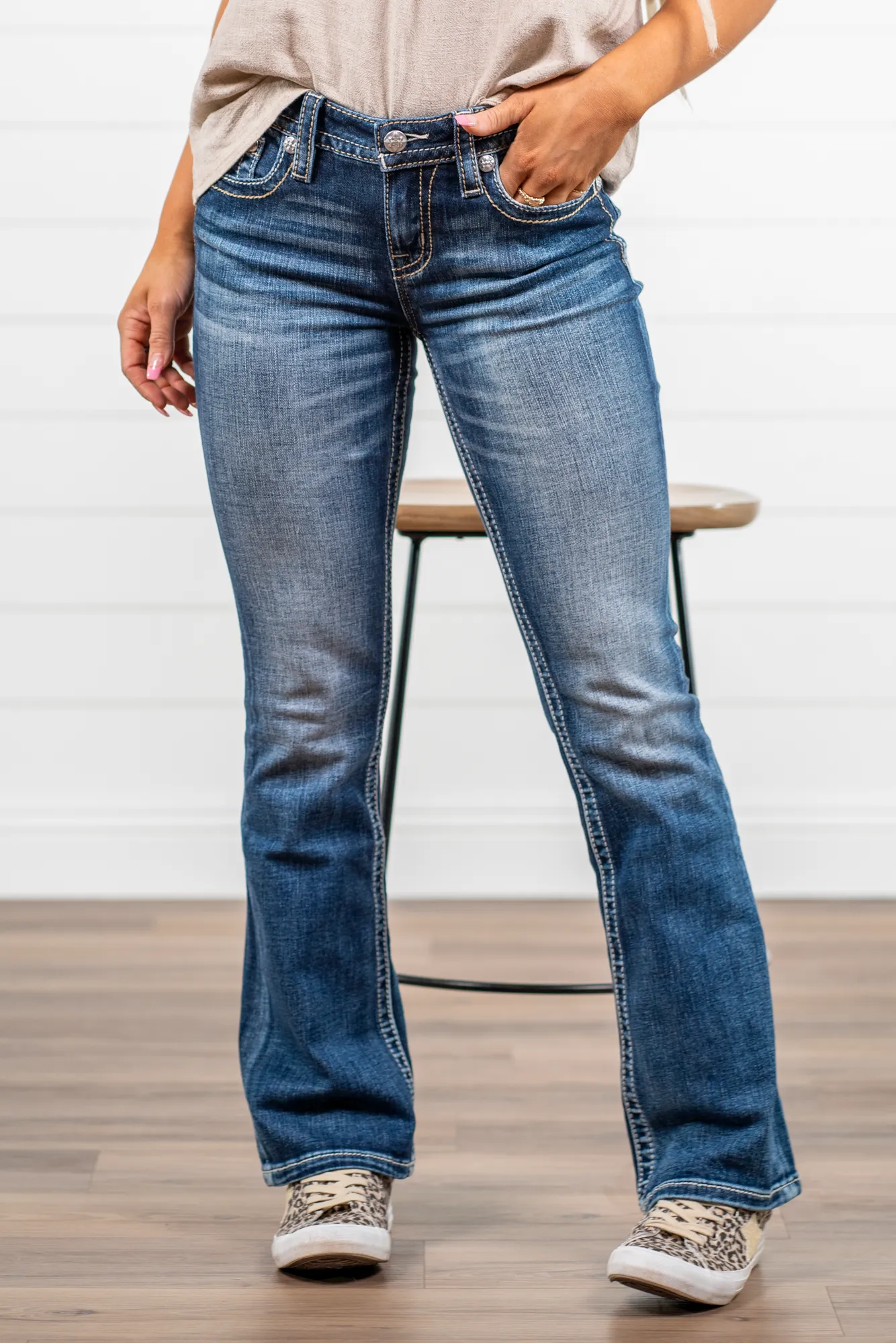 32" Inseam Mid Rise Paisley Stitched Boot Cut