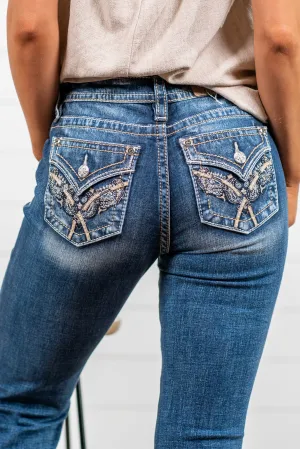 32" Inseam Mid Rise Paisley Stitched Boot Cut