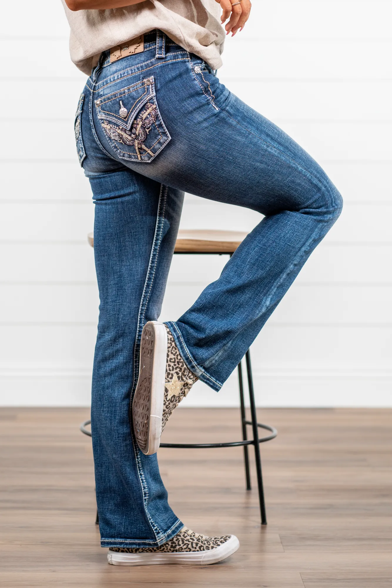 32" Inseam Mid Rise Paisley Stitched Boot Cut