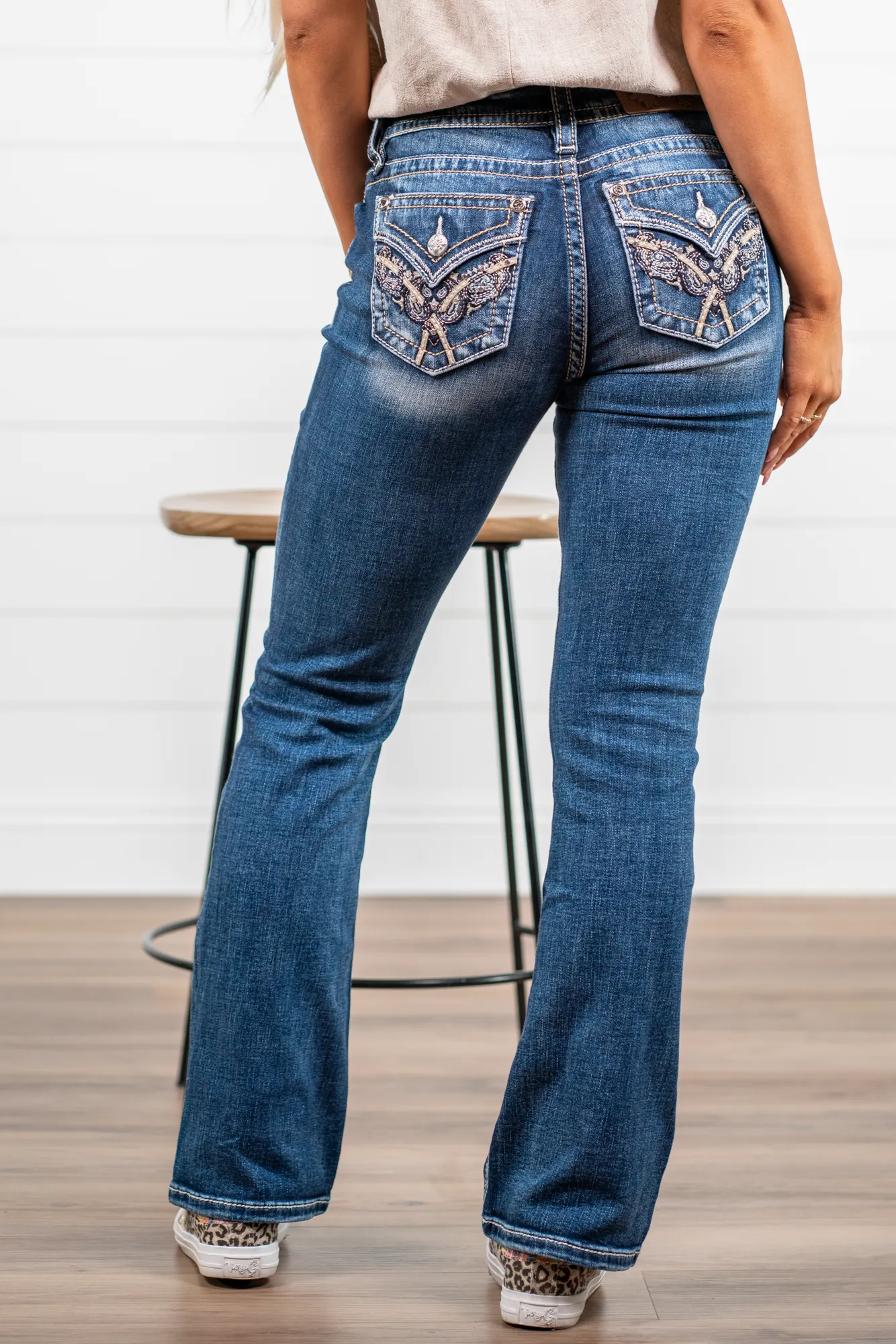 32" Inseam Mid Rise Paisley Stitched Boot Cut