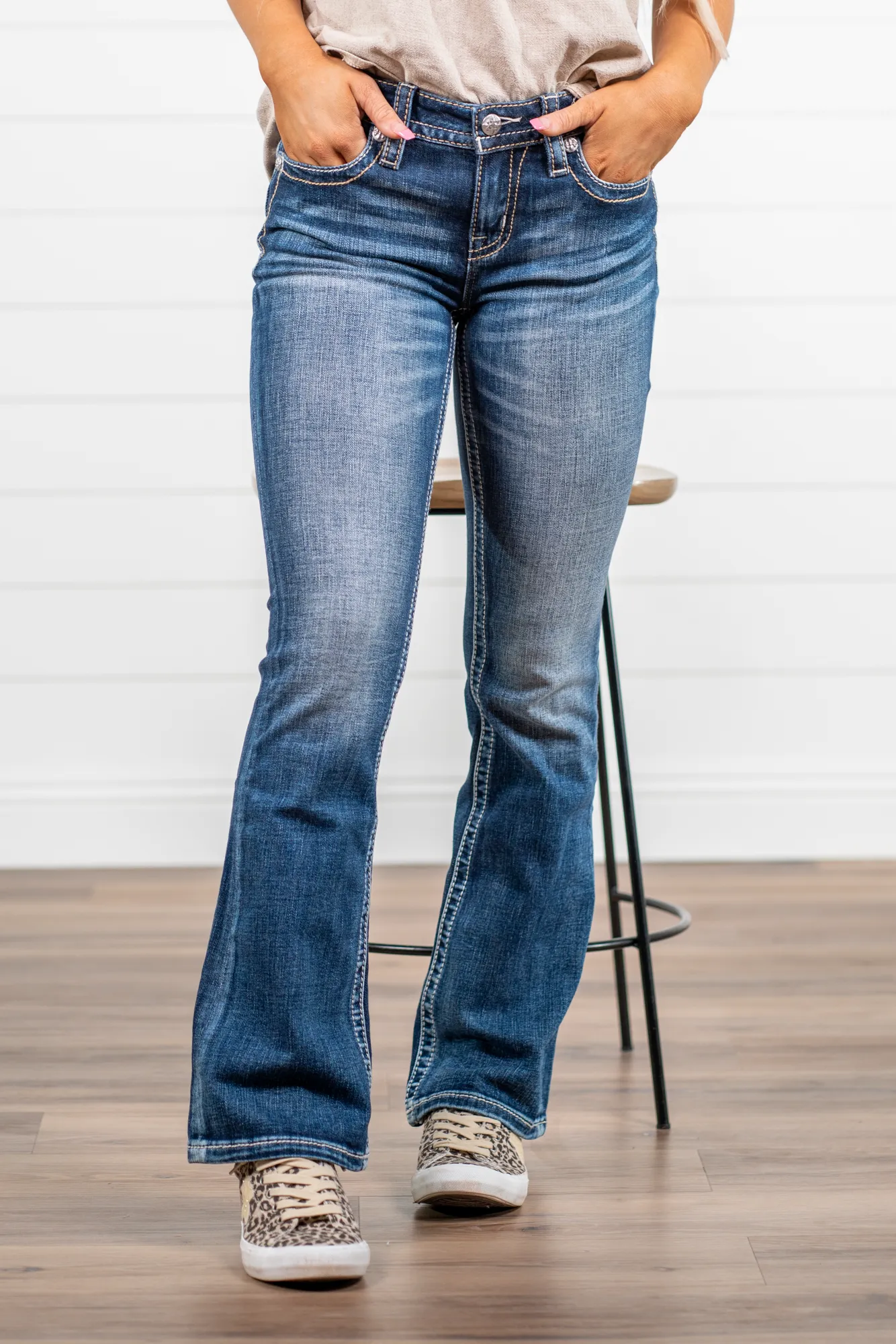 32" Inseam Mid Rise Paisley Stitched Boot Cut