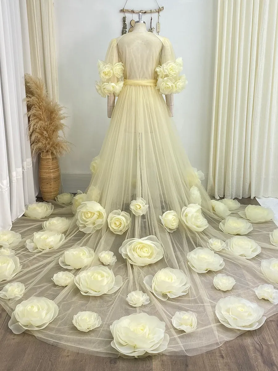 3D Rose Bridal Robe Handmade Flowers Boudoir Robes Bridesmaid Gift Honeymoon Plus Size Photo Shoot Robe Dress Robe Coverup YW243134