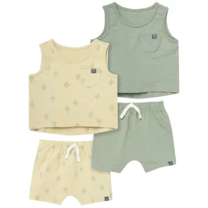 4-Piece Baby Boys Dusty Yellow Cactus Sleeveless Shirts and Shorts Set