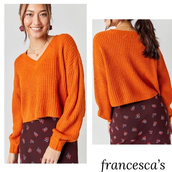 (46)🧡New Francesca’s Addison V-Neck Orange Cropped Sweater🧡