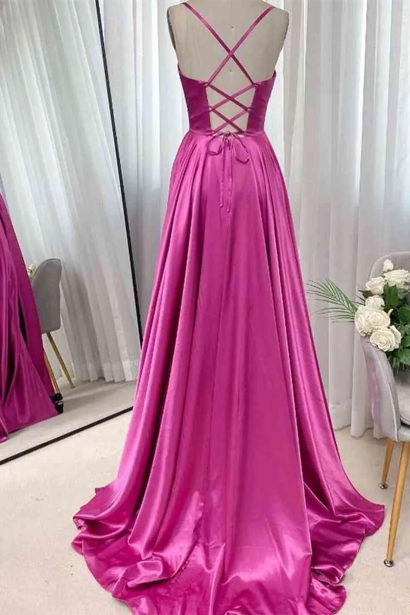 A-Line Fuchsia Prom Dress 2025 Ruched Long Evening Dress Spaghetti Straps