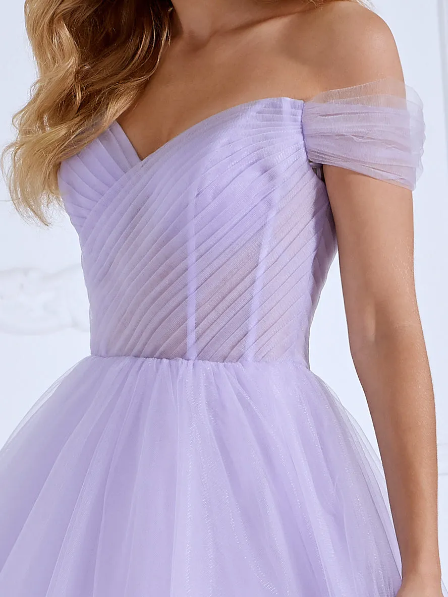 A-line Off the Shoulder Tulle Prom Dresses Ankle Length #16805