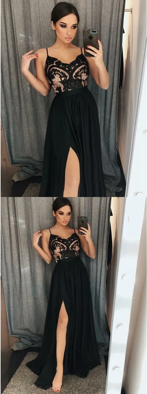 A-Line Spaghetti Straps Floor-Length Black Prom Dresses with Lace Split Online,PD0203