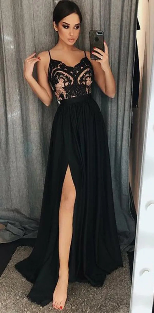 A-Line Spaghetti Straps Floor-Length Black Prom Dresses with Lace Split Online,PD0203