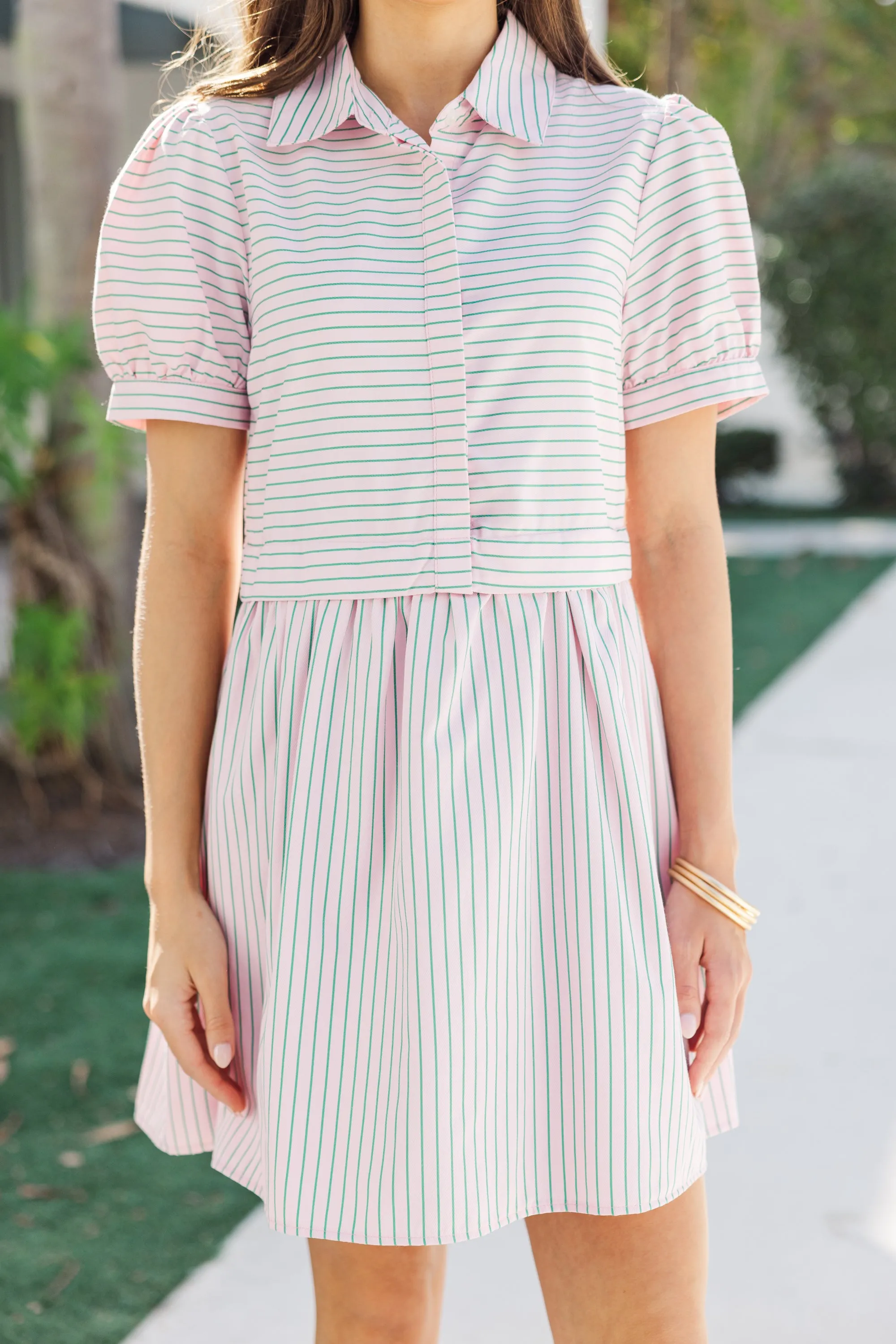 All For It Pink & Green Striped Shirt Dress