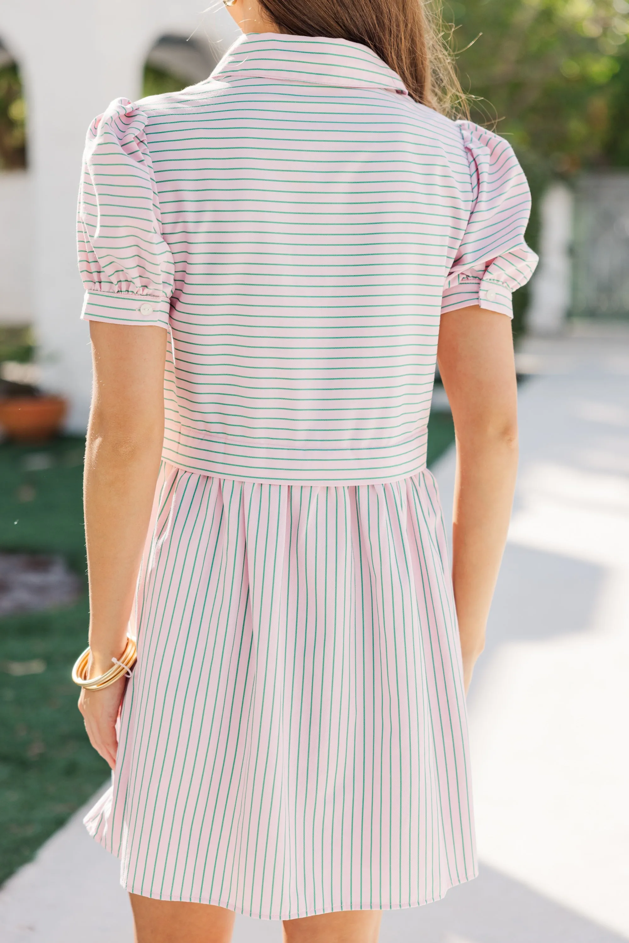 All For It Pink & Green Striped Shirt Dress