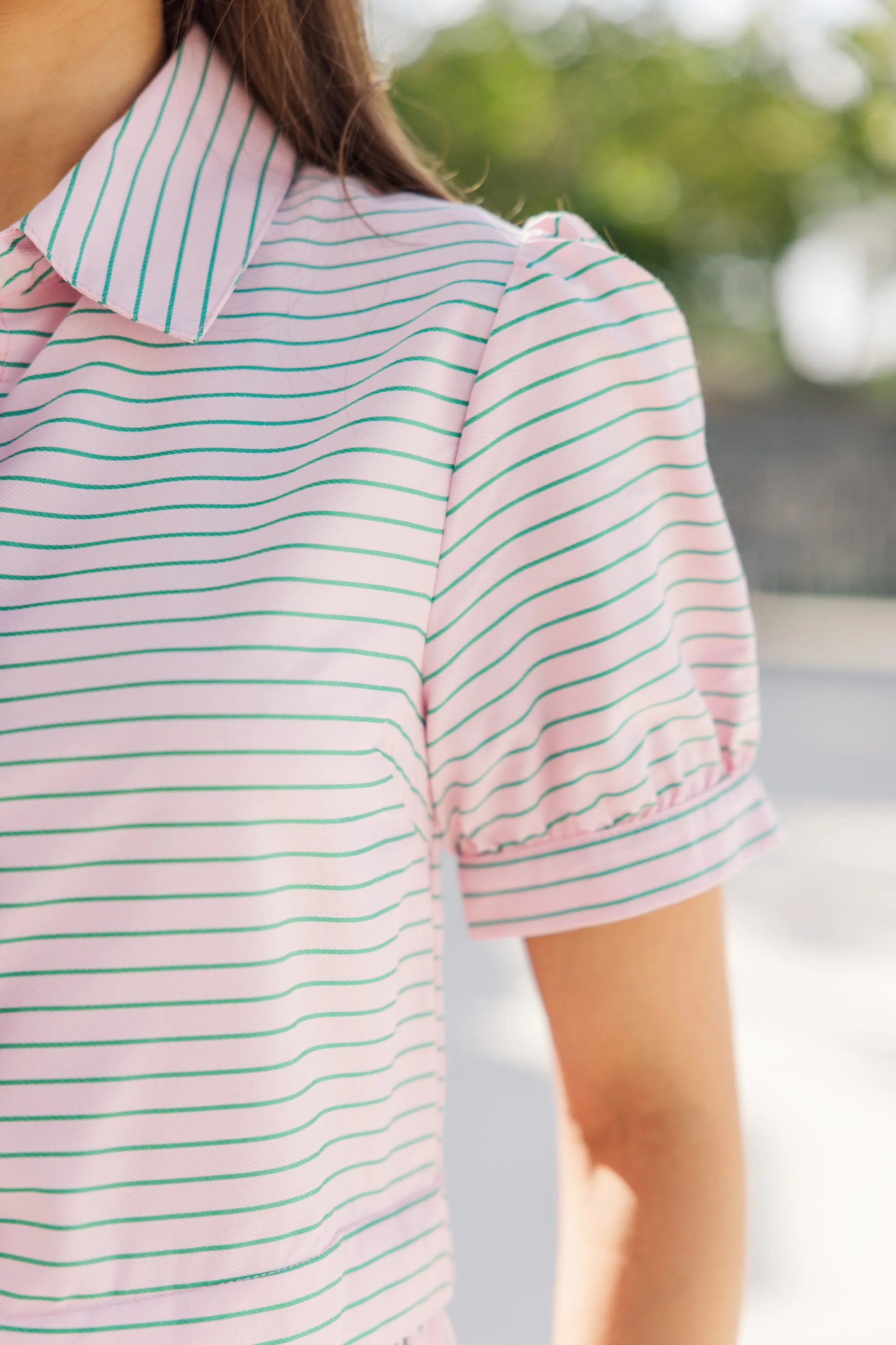 All For It Pink & Green Striped Shirt Dress