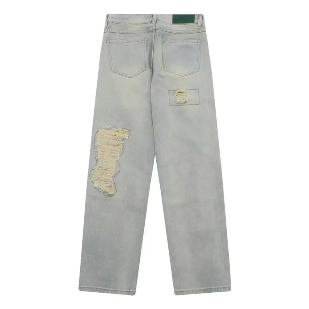 American Retro Loose Straight Washed Old Patch Ripped Jeans