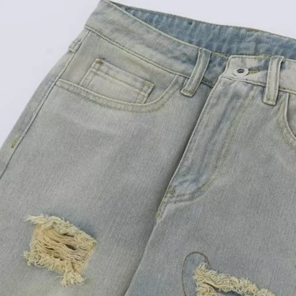 American Retro Loose Straight Washed Old Patch Ripped Jeans