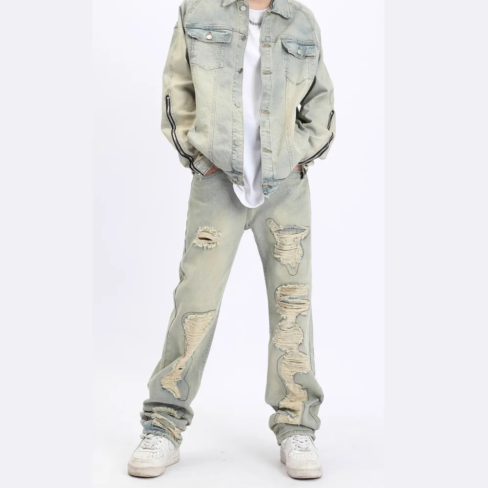 American Retro Loose Straight Washed Old Patch Ripped Jeans