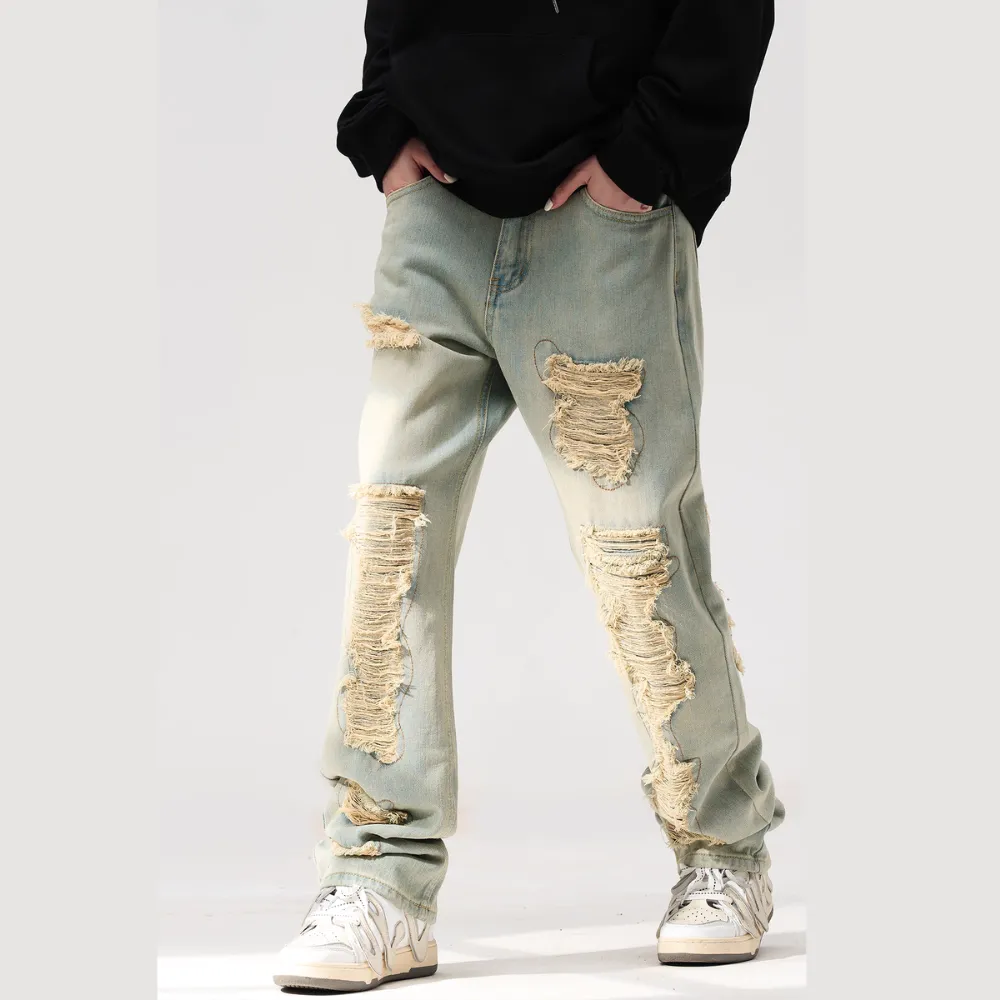 American Retro Loose Straight Washed Old Patch Ripped Jeans