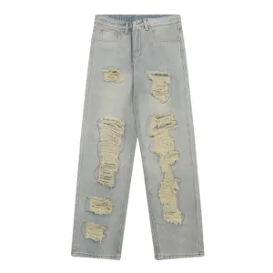 American Retro Loose Straight Washed Old Patch Ripped Jeans