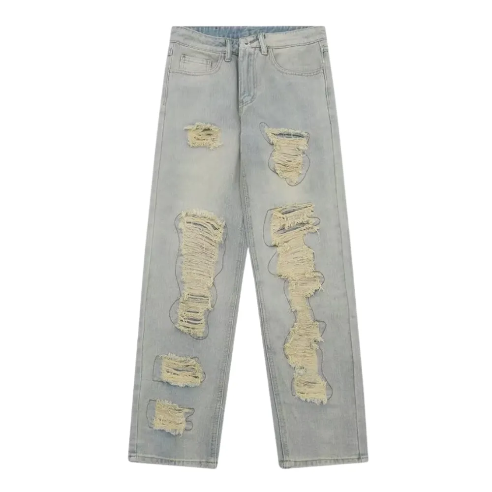 American Retro Loose Straight Washed Old Patch Ripped Jeans