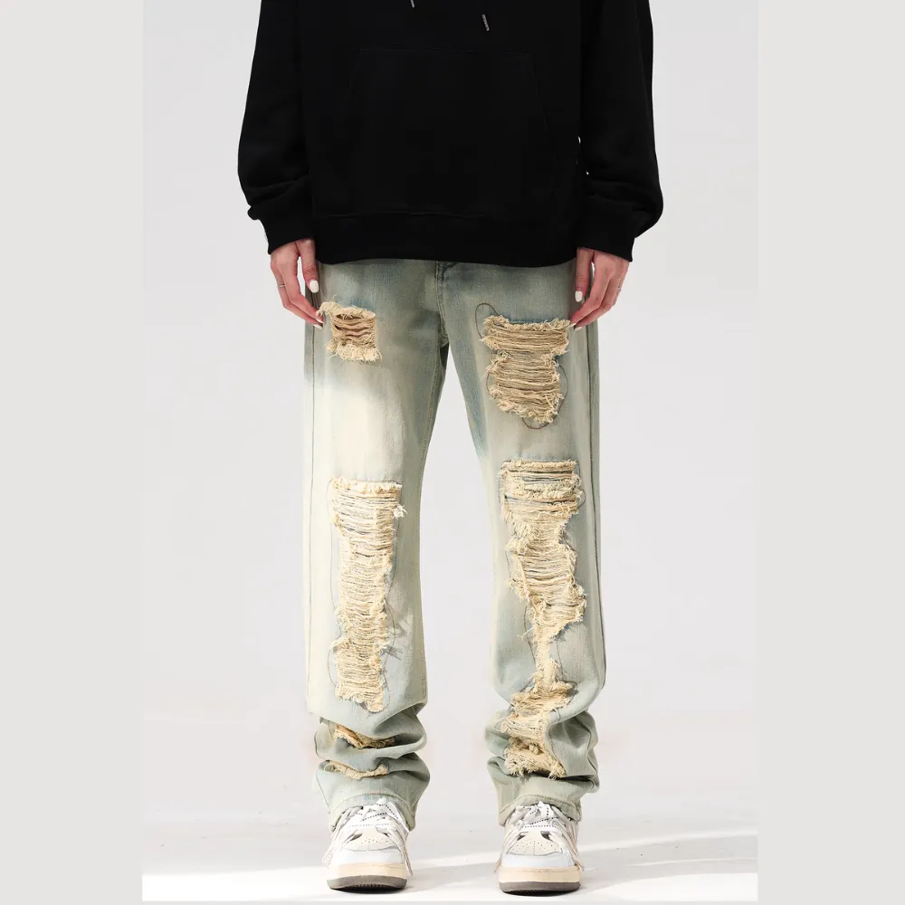 American Retro Loose Straight Washed Old Patch Ripped Jeans