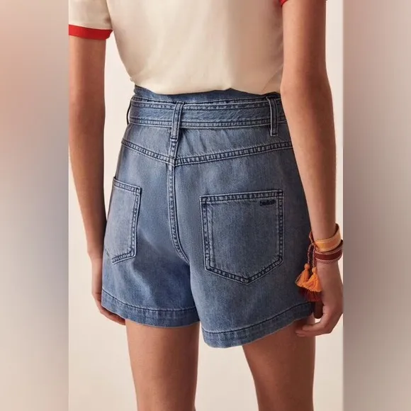 BA&amp;SH Clark Paperbag Denim Shorts S 4 High Rise Cuffed Jeans Shorts Tie Belt