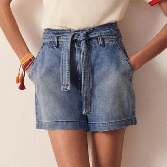 BA&amp;SH Clark Paperbag Denim Shorts S 4 High Rise Cuffed Jeans Shorts Tie Belt