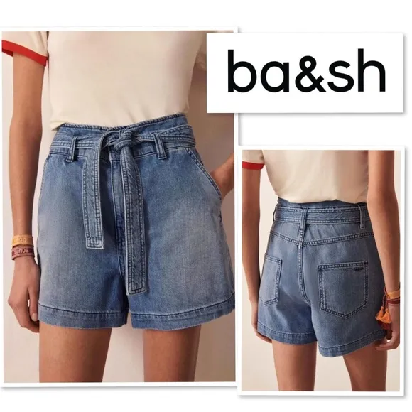 BA&amp;SH Clark Paperbag Denim Shorts S 4 High Rise Cuffed Jeans Shorts Tie Belt