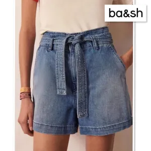 BA&amp;SH Clark Paperbag Denim Shorts S 4 High Rise Cuffed Jeans Shorts Tie Belt