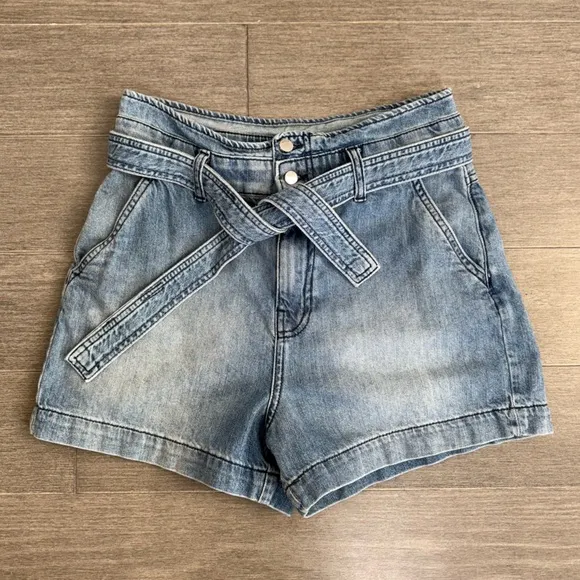 BA&amp;SH Clark Paperbag Denim Shorts S 4 High Rise Cuffed Jeans Shorts Tie Belt