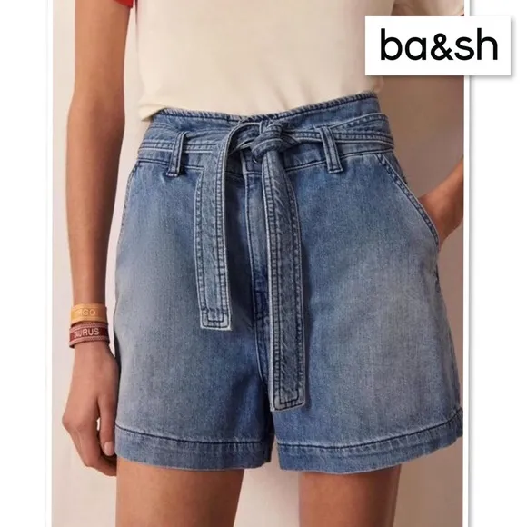 BA&amp;SH Clark Paperbag Denim Shorts S 4 High Rise Cuffed Jeans Shorts Tie Belt