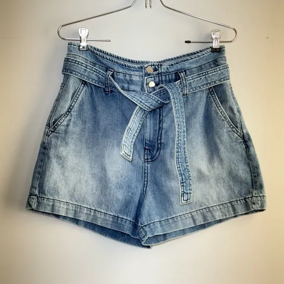 BA&amp;SH Clark Paperbag Denim Shorts S 4 High Rise Cuffed Jeans Shorts Tie Belt