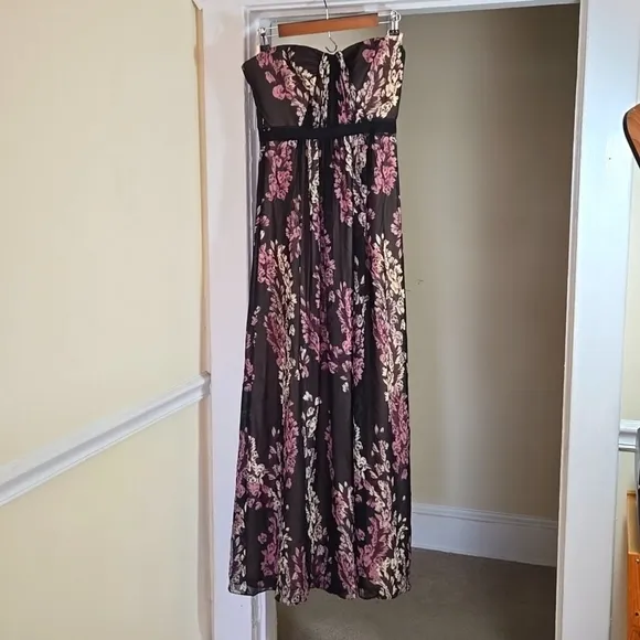 BCBGMaxAzria Amber Strapless Floral Print Sheer Contrast Gown