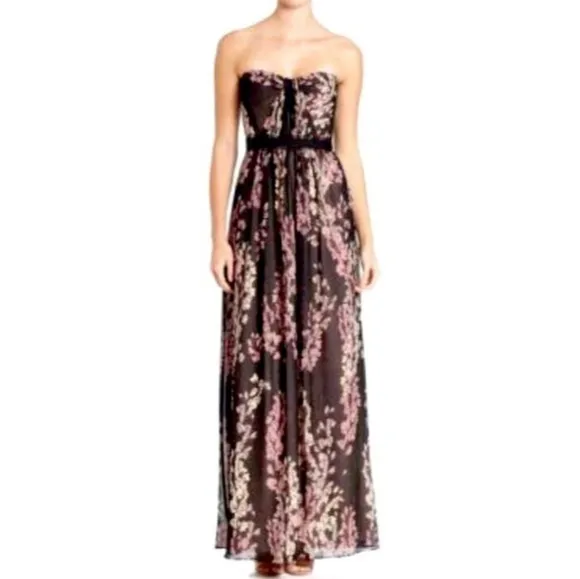 BCBGMaxAzria Amber Strapless Floral Print Sheer Contrast Gown