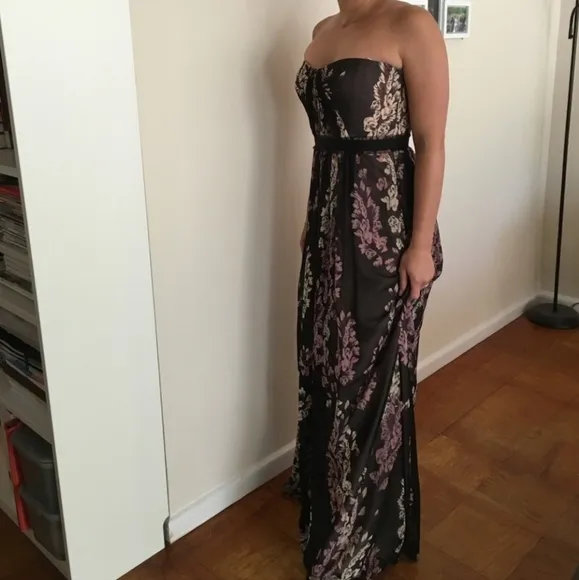 BCBGMaxAzria Amber Strapless Floral Print Sheer Contrast Gown
