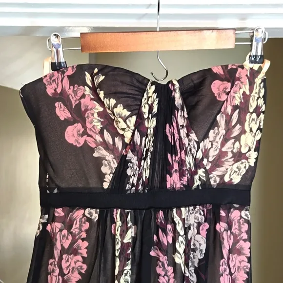 BCBGMaxAzria Amber Strapless Floral Print Sheer Contrast Gown